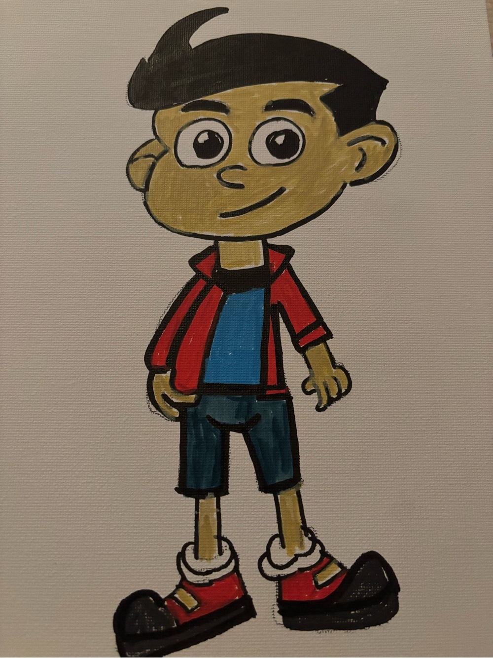 Hand-Painted Cartoon Boy Canvas - Red Jacket, Blue Shirt